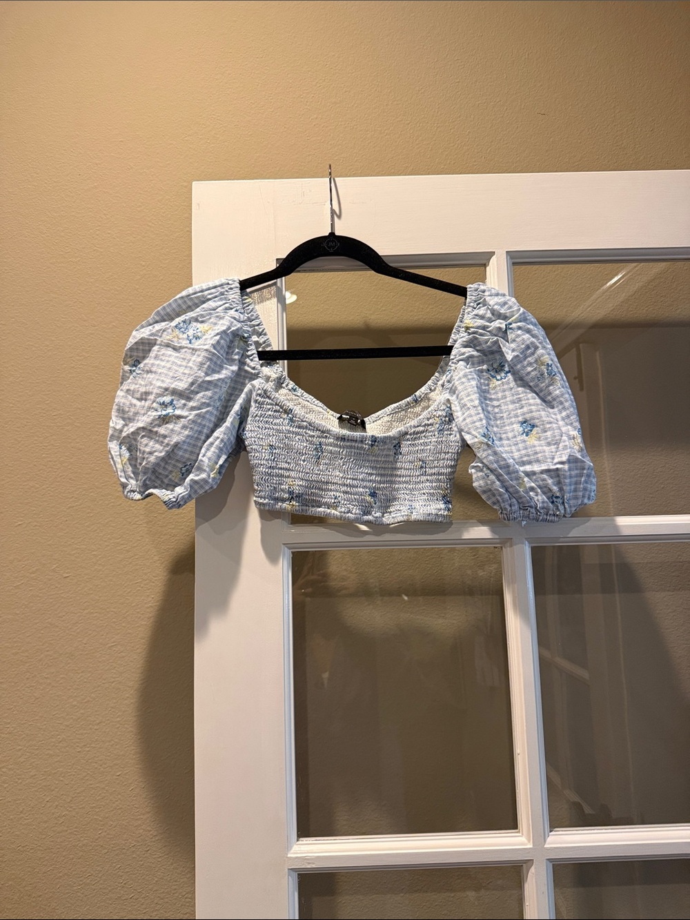 MAJORELLE Light Blue Floral Smocked Puff-Sleeve Crop Top